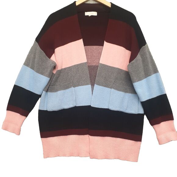 Weekend Suzanne Betro Open Front Blue Pink Gray Striped Cardigan Size L/XL - Picture 1 of 7
